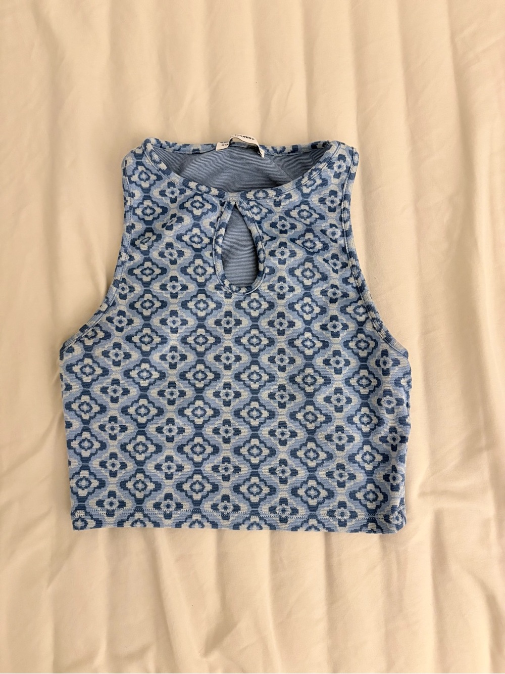 Light Blue Geo Keyhole Cropped Tank Top